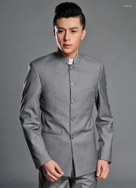 Ternos masculinos blazer homens vestido formal mais recente casaco projetos chinês túnica terno casamento para gola cinza negócios