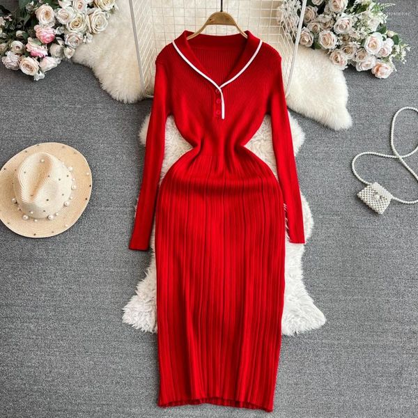 Vestidos casuais mulheres manga longa bodycon hip envoltório vestido vintage francês moda malha apertado vestido elegante outono inverno camisola robe