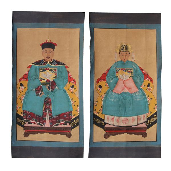 Pintura de retrato pintado à mão, pintura de ancestral chinês em tecido, decoração de parede, cor azul