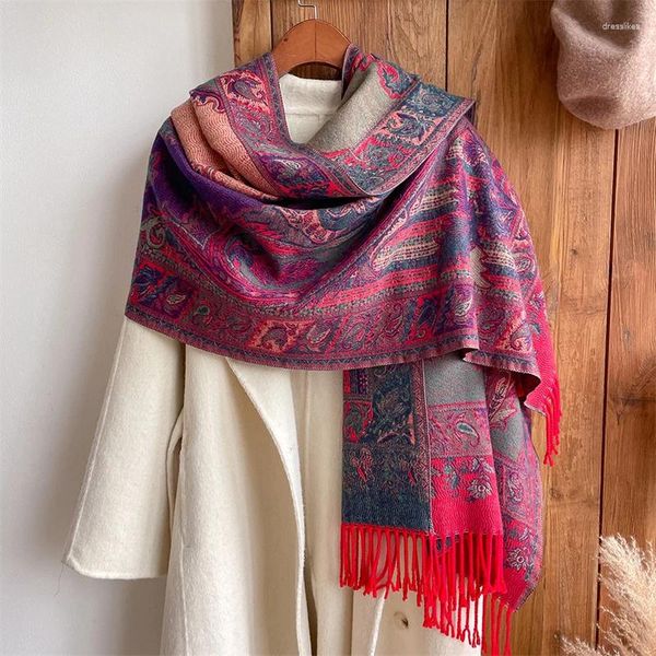 Шарфы 2023, этнический кашемировый шарф в стиле ретро для женщин, модный утепленный зимний теплый шарф с цветами кешью, мягкая жаккардовая накидка с бахромой
