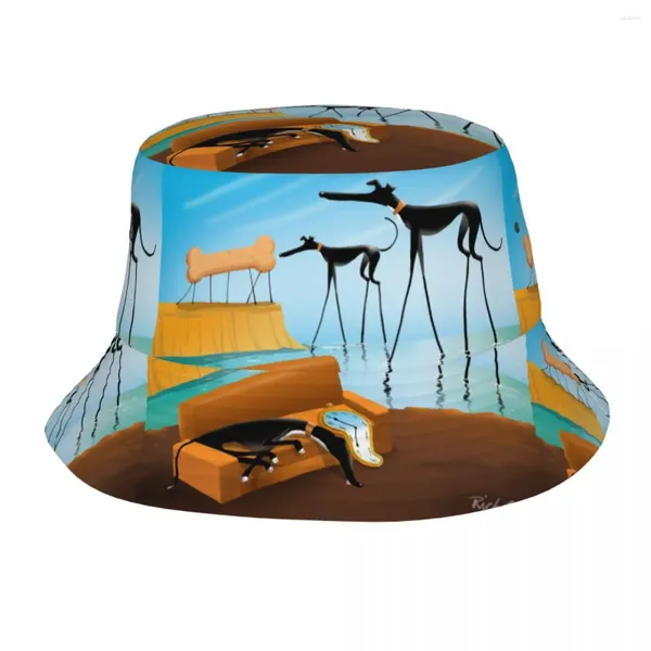 Berets Homens Mulheres Balde Chapéus Greylvador Dali Viagem Headwear Dobrável Cap Pesca Greyhound Whippet Lurcher Dog Bob Presente de Aniversário Idéia