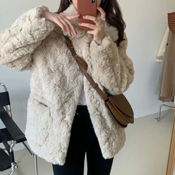 Jaquetas femininas Rimocy outono inverno jaqueta de lã de cordeiro estilo coreano streetwear lapela casaco de pele falsa mulher quente grosso peludo fofo 231018