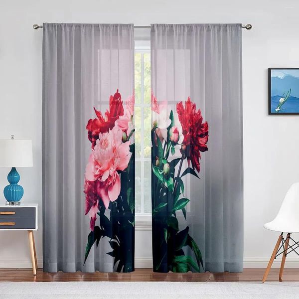 Cortina peônia buquê de flores rosa vermelho floral tule cortinas porta da cozinha chiffon sheer voile para sala estar quarto