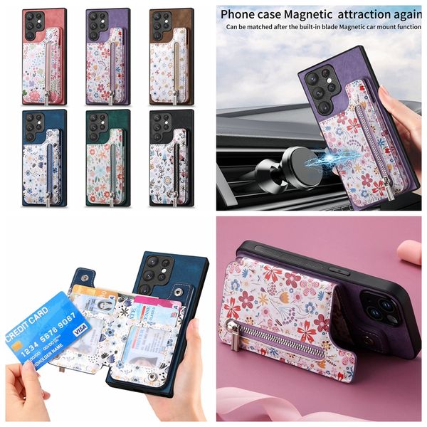 Blumen-Reißverschluss-Kartentaschen-Paket PU-Leder-Geldbörsenhüllen für Samsung S23 Plus S22 Ultra A05S A05 A04E A34 A54 A14 A04 A33 A73 Cash Slot Magnet Autohalterung Halter Rückseite