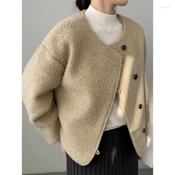 Giacche da donna Giacca in montone caldo autunno inverno Cappotto in lana di agnello beige marrone Girocollo coreano Bottoni laterali larghi