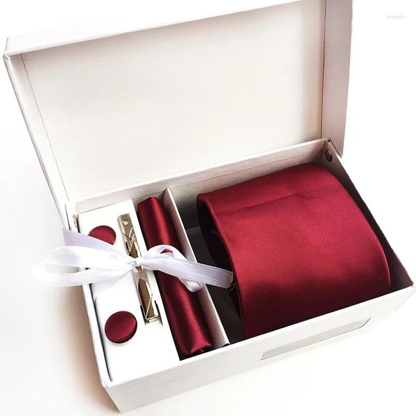 Fliegen-Geschenkset für Männer in einer Box, luxuriöse rote Hochzeit, Party, Business, Krawatten, Taschentücher, Manschettenknöpfe, Seiden-Jacquard-gewebter Anzug
