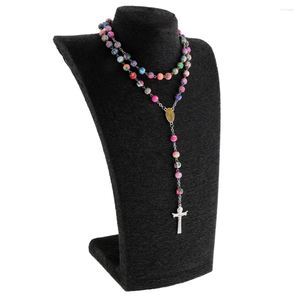 Collane con ciondolo Collana da donna con perline da 8 mm, rosario, preghiera a mano, croce di Gesù, collana multicolore