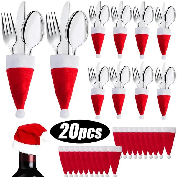 Decorações de Natal Saco de Talheres Mini Chapéus de Santa Tampas de Garrafa de Vinho Facas Garfos Capa de Bolso Talheres Suporte de Mesa Louça 231018