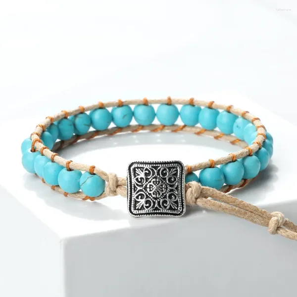 Bracciale con perline in pietra blu bohémien, perline tonde turchesi da 6 mm, braccialetto avvolgente per donna, uomo, gioielli yoga intrecciati fatti a mano