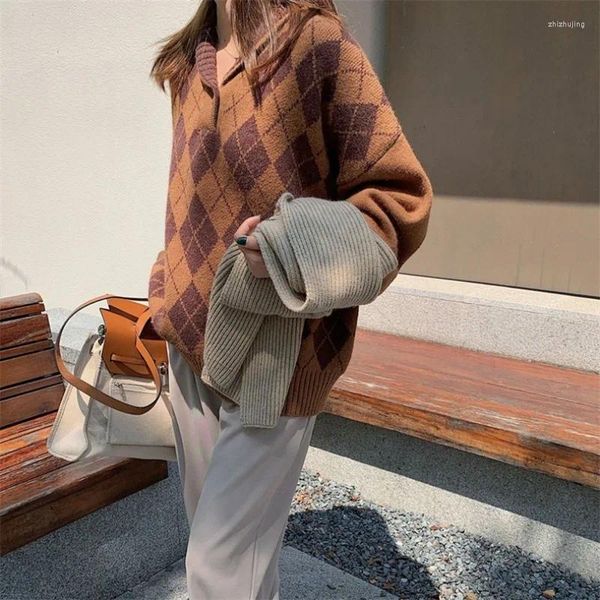 Maglioni da donna Maglione dal design alla moda Autunno e inverno Top in maglia a rombo stile vintage coreano
