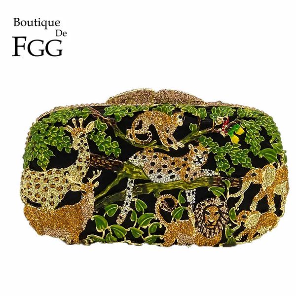 Вечерние сумки Boutique De FGG Rain Forest Jungle Women Crystal Animal Zoo Ladies Diamond Party Сумочка Свадебный клатч 231017