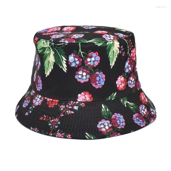 Berets unisex vintage impresso chapéus de pesca verão pescador chapéu reversível balde de frutas para mulheres homens rua hip hop bonés