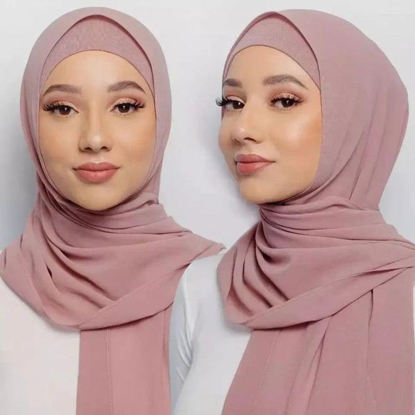 Abbigliamento etnico Set hijab in chiffon a bolle con berretto di colore abbinato Sciarpa da donna Sciarpe Sciarpe Sottoscocca Jersey Tappi interni Musulmano di alta qualità