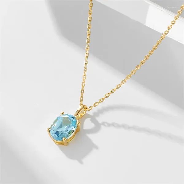 Anhänger S925 Sky Blue Topas Sterling Silber Halsketten Für Frauen Einfache Vielseitige Luxus Naturstein Überzogene 18K Gold Halskette