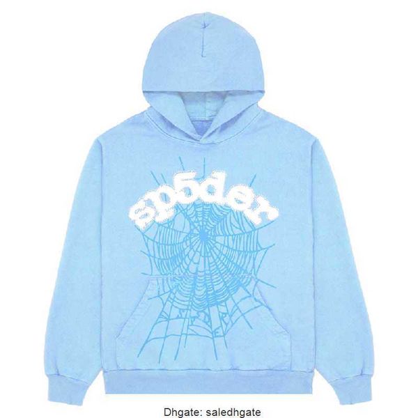 Hoodies dos homens moletons 2023 Sky Blue Sp5der 555555 Hoodie Homens Mulheres de alta qualidade Anjo Número Puff Pastelaria Impressão Gráfico Spider Web Moletons BGRI