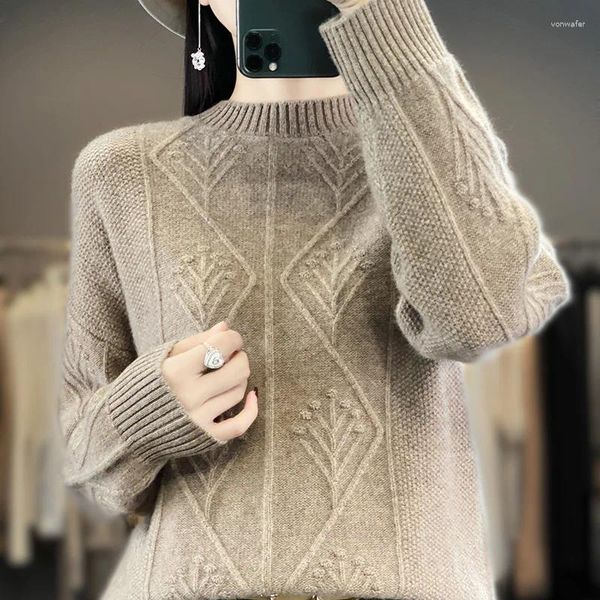 Maglioni da donna Maglione di lana autunno inverno Pullover a maniche lunghe collo mezzo alto Maglieria stile jacquard in pura lana tinta unita