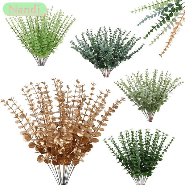 Decorações de Natal 10 Pacote Artificial Eucalipto Folhas Verde Ouro Falso Planta Ramos Festa de Casamento Ao Ar Livre Casa Jardim Decoração Garland 231018