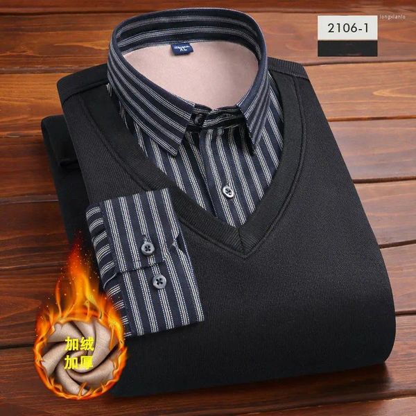 Maglioni da uomo Maglione con colletto a camicia in lana 2023 Moda Autunno Inverno Griglia Solido velluto caldo addensato