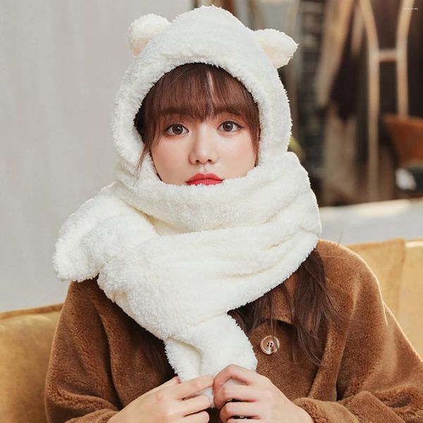 Eşarplar Sevimli Ayı Kulak Şapkası Eşarp Eldivenleri Set Kışlı Kadın Beanies Kapaklar Sıcak Sıradan Peluş Şapkalar Katı polar Kawaii Mevcut