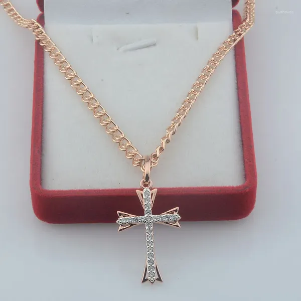Anhänger Halsketten FJ Frauen 585 Rose Gold Farbe Glänzend Weiß Kreuz Geometrie Halskette
