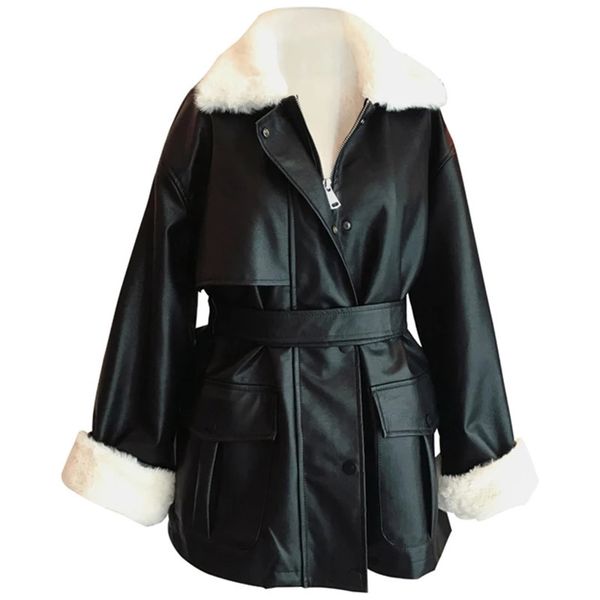 Damen-Winter-Übergröße-Jacke aus Lederimitat Nerazzurri mit Rex-Kaninchenfell innen, warmer, weicher, verdickter, gefütterter Mantel, lange Ärmel, 231017