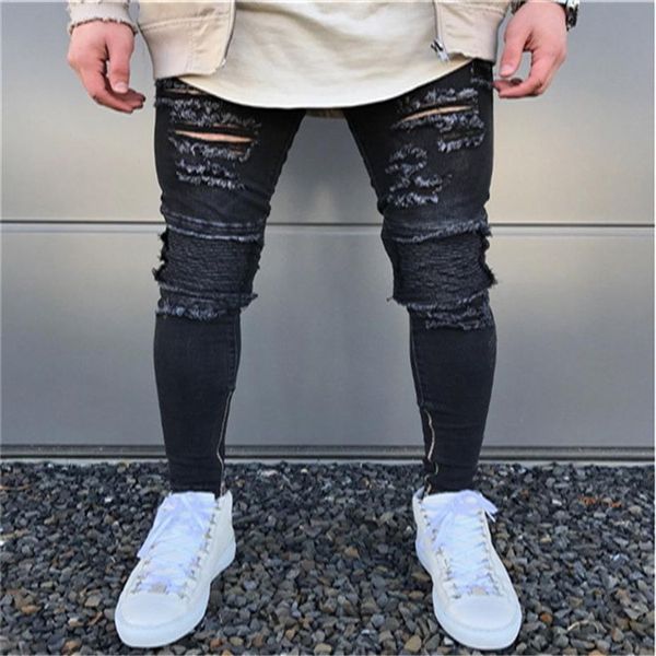 Мужская мода Micro-bomb Тонкие мотоциклетные джинсы Хип-хоп Мужские потертые рваные джинсы Дизайнерские черные джинсы на молнии Jean254z