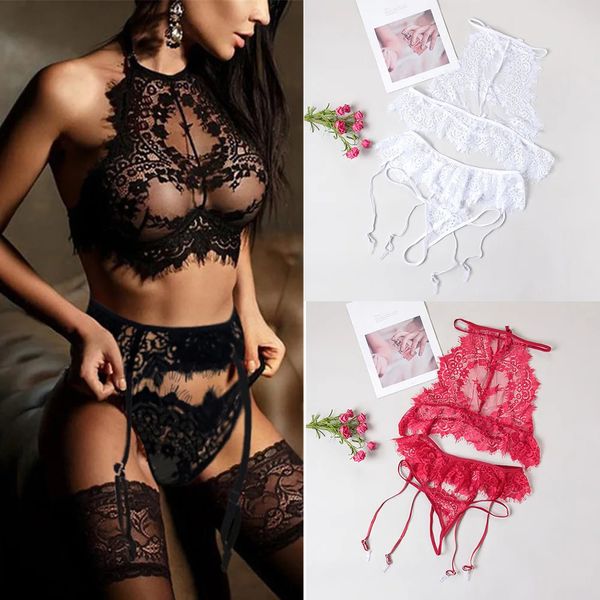 Set sexy Lingerie per donna Reggiseno erotico Perizoma Giarrettiera Indumenti da notte Biancheria intima esotica Babydoll in pizzo trasparente 231017