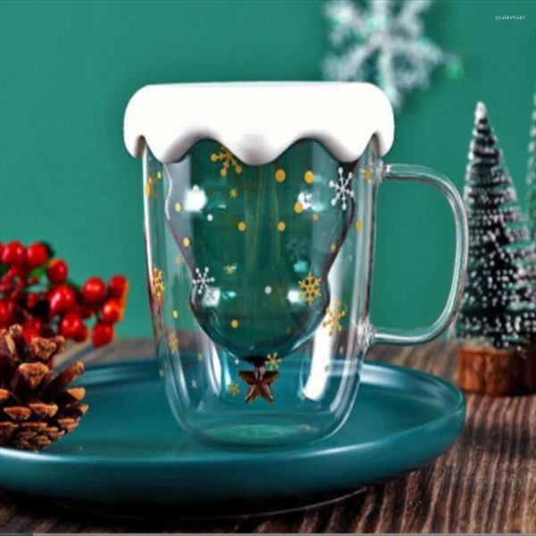 Copos de vinho natal café caneca de leite árvore estrela copo anti-escaldante paredes duplas vidro presentes de natal das crianças verre en