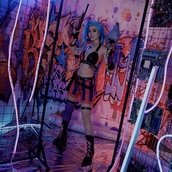 Lol jinx cosplay traje jogo liga das lendas jinx cosplay traje peruca acessórios feminino sexy costumecosplay