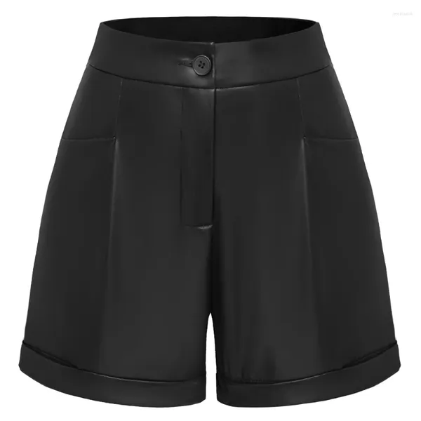 Damen-Shorts, KK, Damen-Shorts, Vintage-Stil, PU-Leder, modisch, hohe Taille, hochklappbare Beinöffnung, Motorrad-Shorts