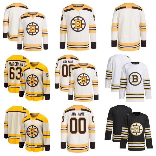 63 Brad Marchand Camisas do 100º Centenário David Pastrnak Milan Lucic Linus Ullmark Patrice Bergeron Pavel Zacha Jeremy SwaymanJake DeBrusk Charlie Coyle Bobby Orr