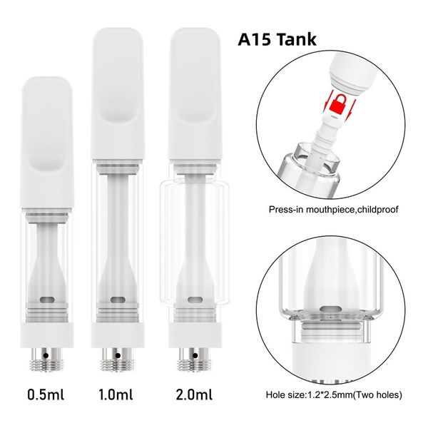 A15 Carrelli in ceramica piena da 0,5 ml 1,0 ml 2,0 ml Cartuccia di vetro vuota per grasso Vape Olio Atomizzatore Produttore Forniture 10,5 mm Diametro 510 Batterie per filo Basso prezzo di fabbrica