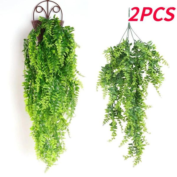 Flores decorativas 2 pçs planta artificial samambaia persa folhas videiras grama parede pendurado guirlanda casamento ao ar livre jardim casa decoração de natal