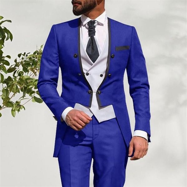 Ternos masculinos blazers estilo masculino azul real e branco noivo smoking redondo lapela padrinhos 3 peças conjunto jaqueta calças colete t263u