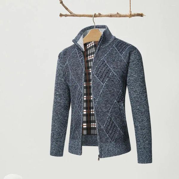 Giacche da uomo Cardigan da uomo Cappotto lavorato a maglia Elegante maglione con stampa geometrica Colletto alla coreana spesso Cerniera per l'autunno/inverno