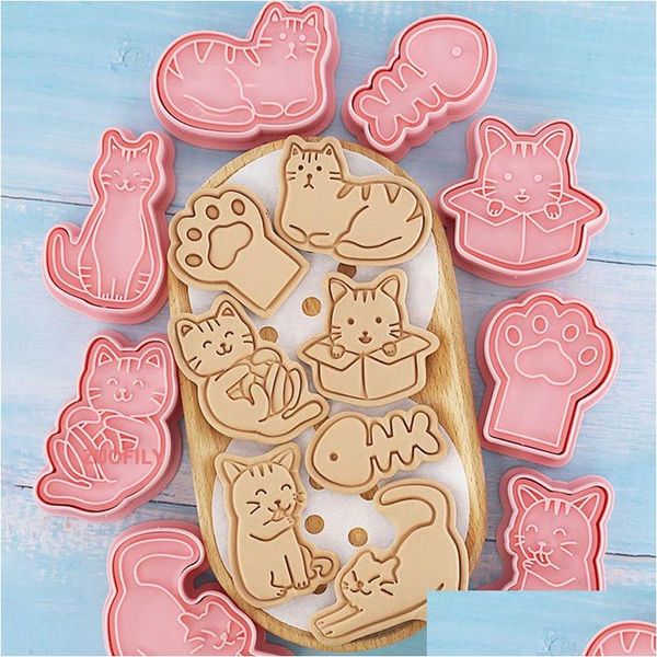 Moldes de cozimento Mods 8Pcsset Cookie Cutter Stamp Cat Shape Mold Pastelaria para Biscoitos Animal Run Kingdom Tipo Bolo Decoração Cortadores 230923 D Dhroa