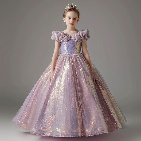 2023 glänzende Mädchen-Festzug-Kleider für Hochzeiten, langes schulterfreies Ballkleid, lila Blingbling-Perlen, Blumenmädchenkleid, Prinzessin, neues Kleid für Kindergeburtstag, Erstkommunion