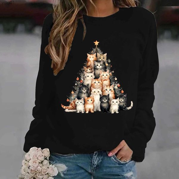 Suéteres femininos com capuz de Natal fofo gatinho árvores de Natal pescoço estampado manga comprida moletom suéter grande solto casual feminino suéterL231018