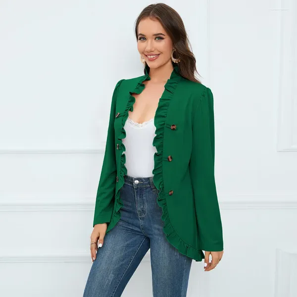 Ternos femininos moda babados blazers feminino sólido manga longa duplo breasted cardigan casaco 2023 outono elegante escritório wear jaqueta fina