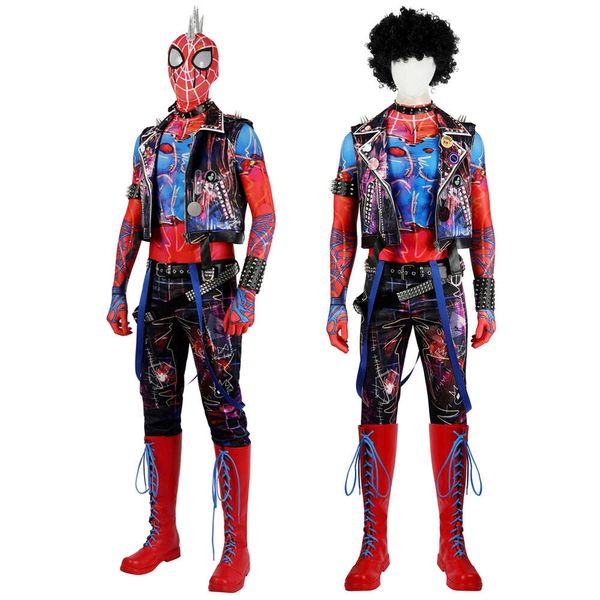 Punk Spider Cosplay Kostüm Superheld Cosplay Cool Denim Weste Hemd Hose Maske Perücke Schuhe Spinnenanzug Halloween Rollenspielanzug