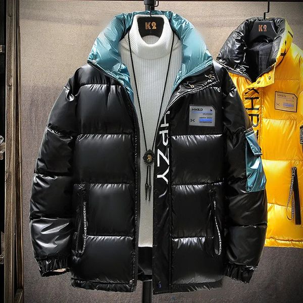 Homens para baixo parkas de couro brilhante jaqueta de inverno casual parka outwear à prova dwaterproof água engrossar quente gola casaco 231018