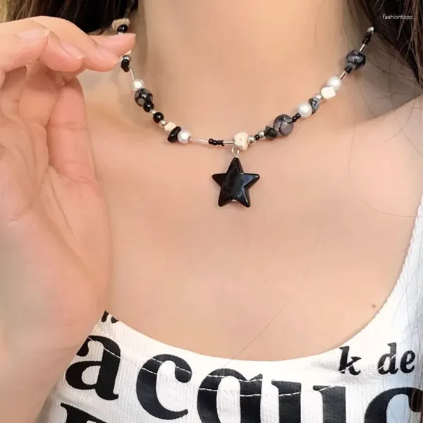 Pingente colares retro pentagrama crânio frisado clavícula corrente para mulheres tendência y2k menina preto branco estrela costura colar jóias