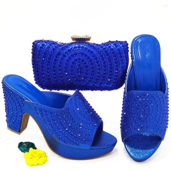 Sapatos de vestido maravilhoso azul 10cm salto alto mulheres combinar bolsa com decoração de cristal bombas de vestir africanas e saco conjunto cr936