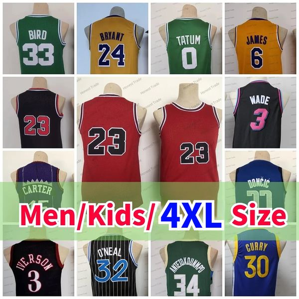 Personalizado Bigs Size Jersey James Wade Curry Luka Doncic Larry Bird Vince Carter Allen Iverson Michael Mens Crianças Juventude Babywear Basquete Jersey Homens Tamanho Grande