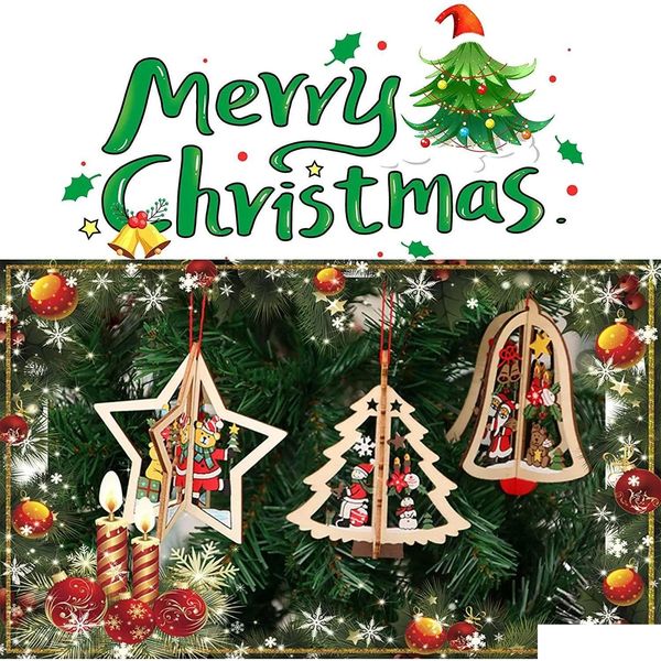 Noel Dekorasyonları Stok 3d Ahşap Kolye Ağaç Dekorasyon Asma El Sanatları Çocuklar Ahşap Süsler Damla Teslimat Ev Bahçesi F Dhiun