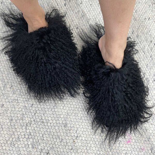Pantofole nuovo design fondo piatto soffici scarpe sfocate lunghe diapositive di pelle di pecora donne mongole pantofole di pelliccia della signora moda inverno caldo J2eK #