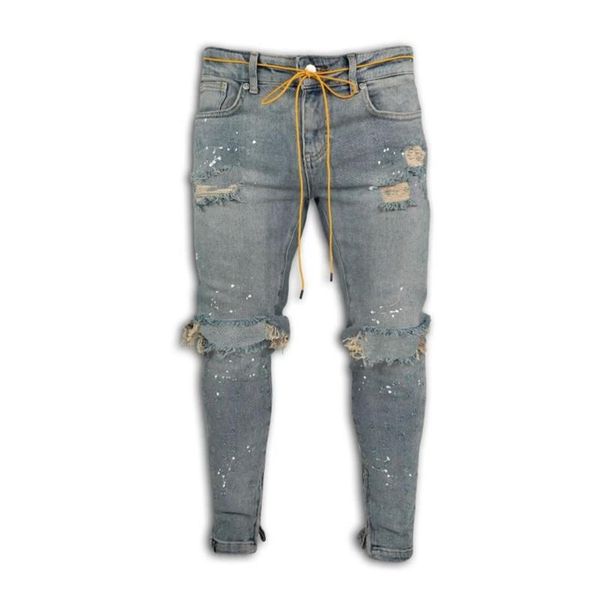 Mode Knöchel Reißverschluss Skinny Jeans Herren Jeans Stretch Destroyed Ripped Paint Point Design248w