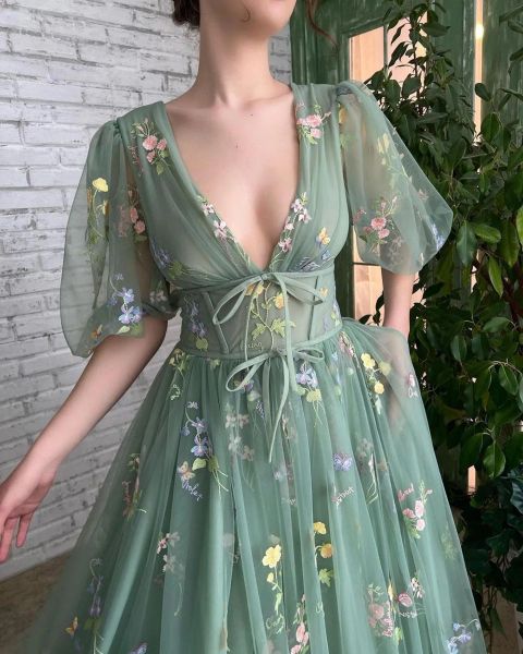 Vestidos de baile longos e elegantes, verde, decote em v, tule, costas abertas, mangas meio bufantes, com bordado de renda, linha até o chão, vestidos de festa para mulheres