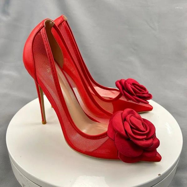 Scarpe eleganti fiori rossi in pizzo femmina 10 cm punta punta di punta a spillo tacco alto donna pompe da donna più dimensioni 33-45