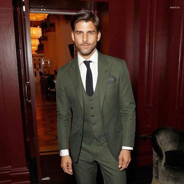 Erkekler Suits Slim Green Erkek Düğün İş Adam Blazers Damat Giyim Smokin (Ceket Pantolon Yelek) Erkek Ceket Kostüm Homme